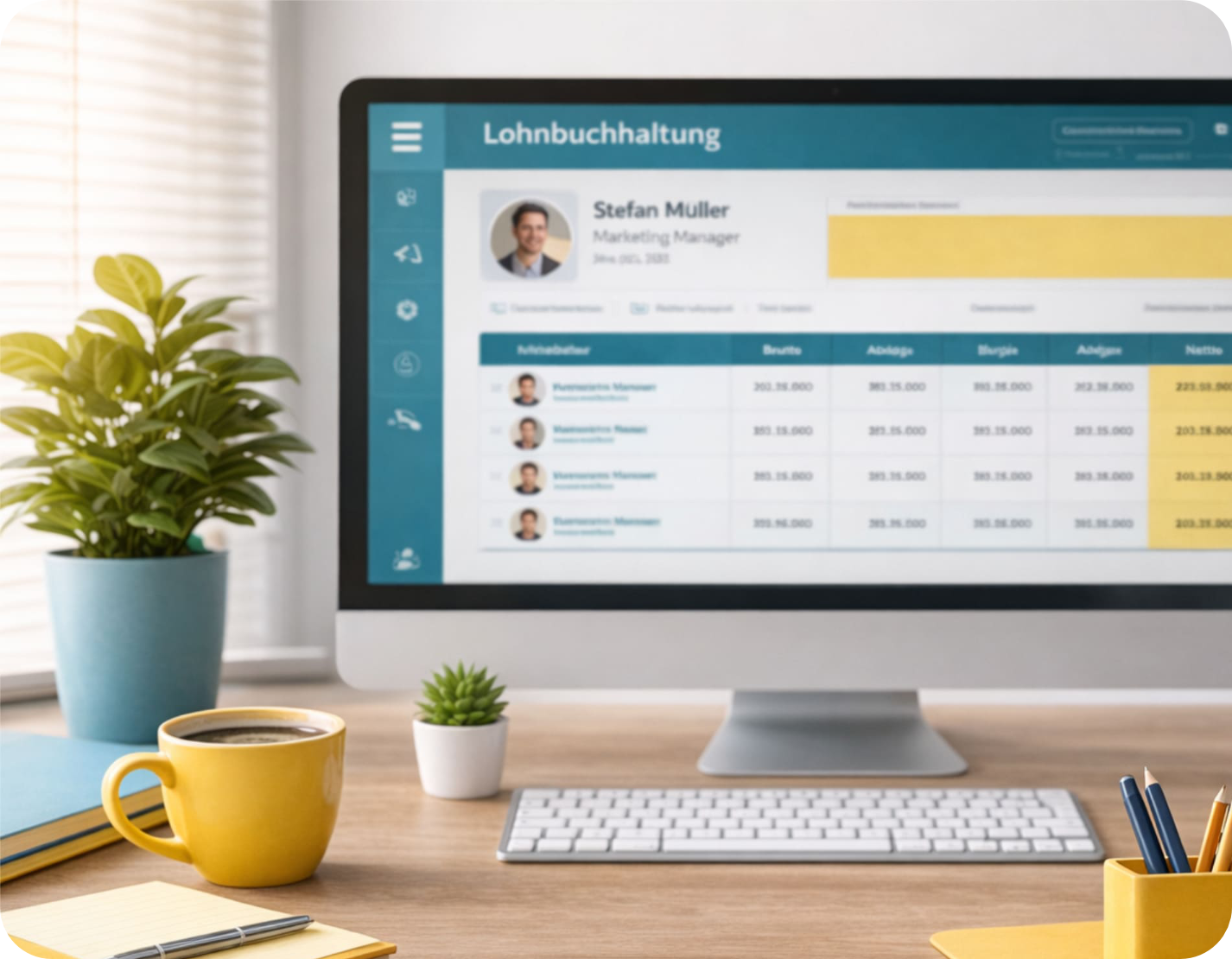 Bildschirm Lohnbuchhaltung mit gelben Akzenten